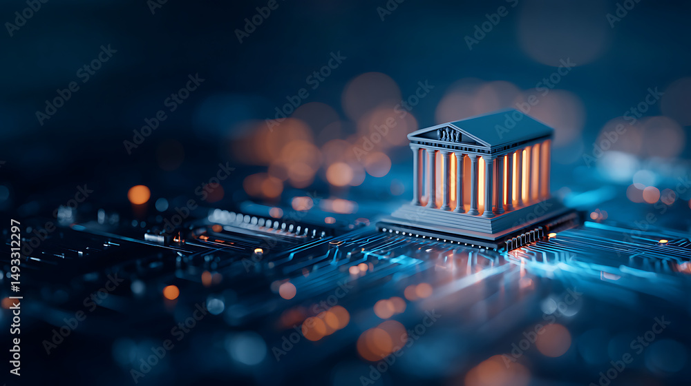 Poster a glowing blue digital representation of a classical building on a futuristic circuit board backgrou