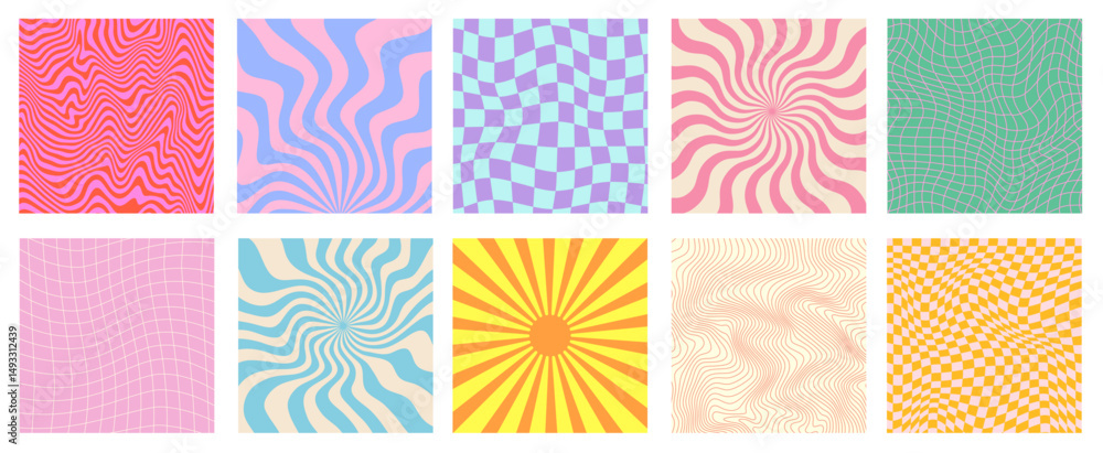 Aufkleber set of cool groovy abstract backgrounds. collection of trendy cute geometric y2k patterns. pop art t