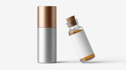 Essential oil roller bottle with metallic cap and label mockup, isolated white.