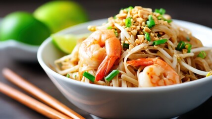 Gluten free homemade food colorful. Homemade Gluten Free Pad Thai Noodles with Shrimp and Fresh Ingredients in a Bowl