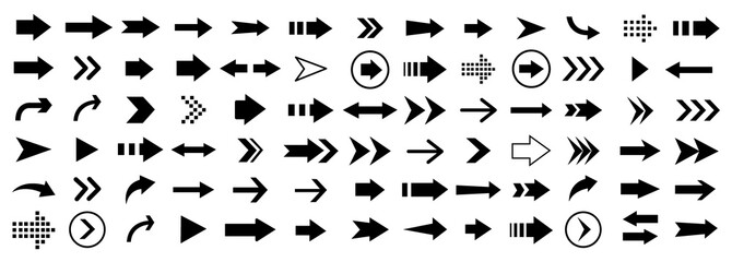 Arrow icon set. Black and white directional symbols for design projects.
