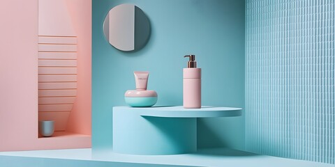 Pastel-toned display of beauty products on a pedestal.