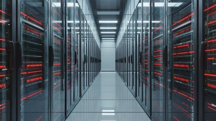 Red and black server room hallway glowing with digital lights, showing a modern data center with network racks and high-tech futuristic systems in a cyber environment - Powered by Adobe
