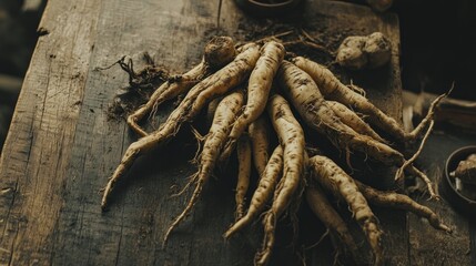 Freshly harvested roots on rustic wooden surface