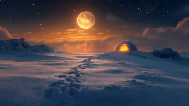 Luminous igloo in snowy mountain range at night