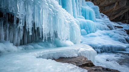 Frozen Waterfall nature extreme Concept. Icy formations cascading over rocks create a stunning winter scene.