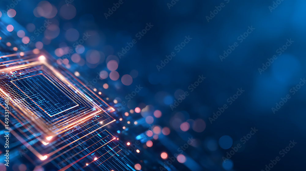 Poster abstract blue neon lines form a diamond shape with a bokeh effect on a dark blue background, concept