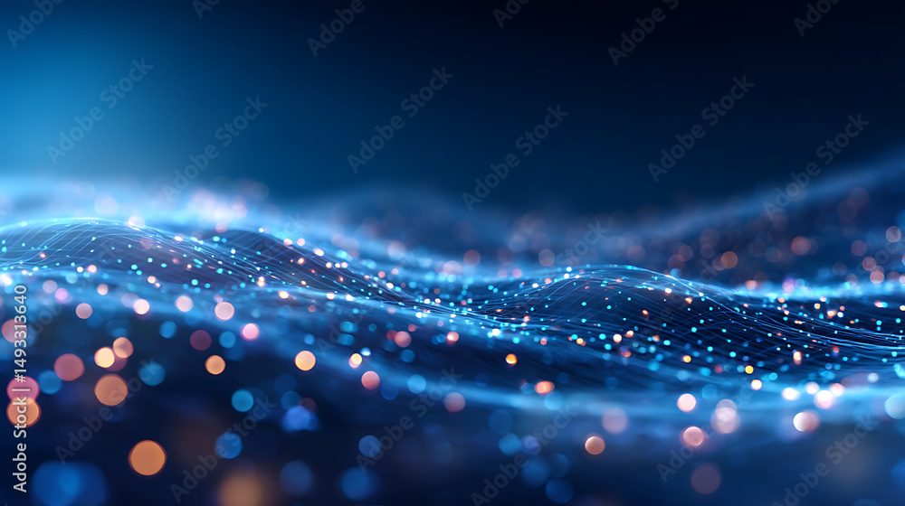 Aufkleber abstract blue light particles forming dynamic patterns on a dark background, concept of technology. 