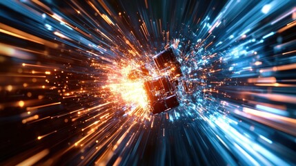 Fototapeta premium Abstract digital cube exploding in a burst of light