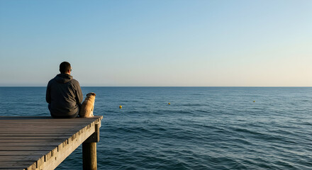 Fototapeta premium man, dog, pug, Man and Dog Contemplating the Ocean