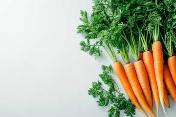 Several fresh and bright carrots with tops and leaves in a bunch on a white background