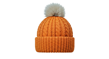 Vibrant Orange Knitted Beanie Hat with Pom-Pom - Cozy Winter Fashion Accessory Isolated