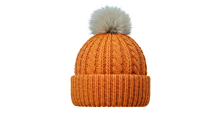 Vibrant Orange Knitted Beanie Hat with Pom-Pom - Cozy Winter Fashion Accessory Isolated