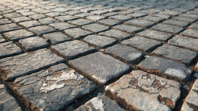 Macro shot of weathered cobblestone pathway featuring splits and color changes, producing a textured appearance.