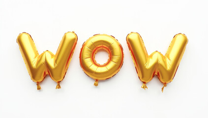 The word WOW is made of inflatable yellow balloons on a white background