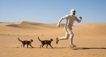 mummy,  desert,  sand dunes, Mummy Running Through Desert with Cats