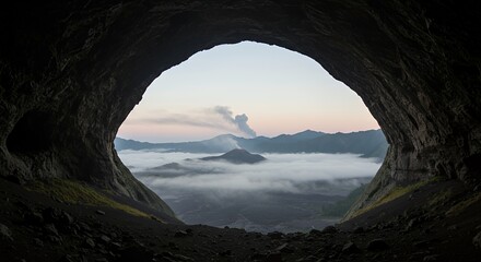 Cave Opening View of Mountain Volcano and Fog