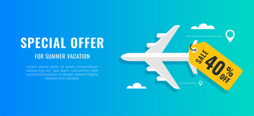 Vector illustration of an airplane with a yellow sale tag offering SALE 40 OFF. Summer vacations. Reservations and discounts on tickets. Flat design featuring a flight promotion concept with blue sky