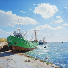 Naklejka premium A serene coastal scene featuring green boats resting on the shore, evoking feelings of peace and leisure by the sea