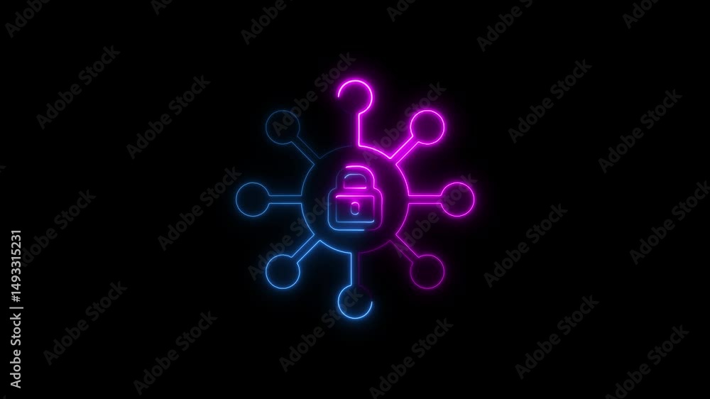 Poster cyber security network connection represented by animated neon glowing padlock symbol