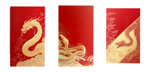 Red envelope with golden dragon and intricate details coiled among clouds on red background, symbolizing power and prosperity of Chinese New Year