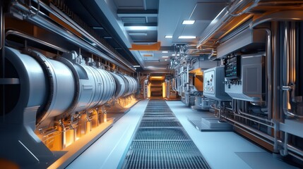 Futuristic industrial interior, sleek and modern machinery.  Brightly lit corridor
