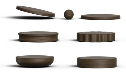 Dark wood podium set pack isolated background 3d rendering