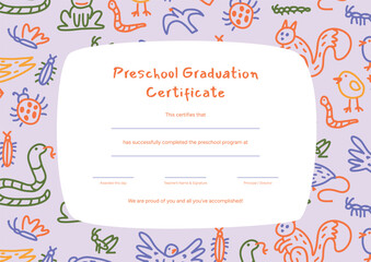 Seamless pattern with hand-drawn animals in colorful childlike style. Birds and squirrels explore a playful world filled with bugs, frogs, snakes and tiny forest life. Vector illustration.