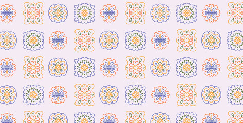 Seamless pattern with Colorful Hand Drawn Geometric Floral Shapes. Retro Style Botanical Ornaments. Naive Doodle Spring Flowers. Vector Illustration for Textile, Wrapping Paper, Wallpaper.