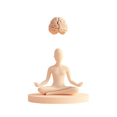 3D meditating person with brain floating above, mental clarity and stress relief concept, bright clay style, plain background 