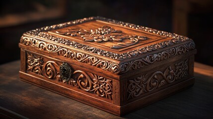 Ornate wooden box with intricate carvings.  Detailed craftsmanship showcases floral and scrollwork patterns