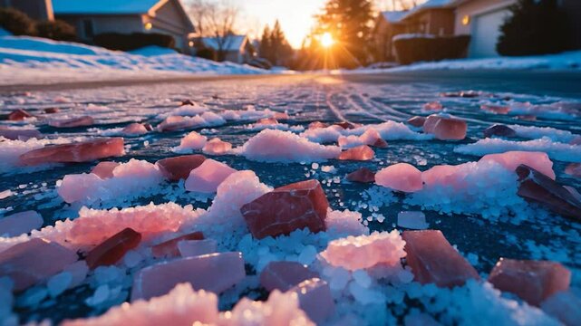 Using a layer of rock salt to facilitate melting on roadways and driveways.