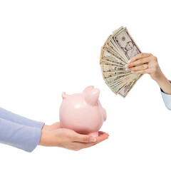 Saving vs Spending - Conceptual Image of Hands Holding Piggy Bank and Cash Isolated