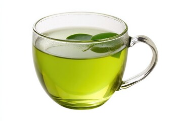 Refreshing cup of green tea, perfect for a relaxing moment. The vibrant green hue and delicate tea leaves create a serene image.