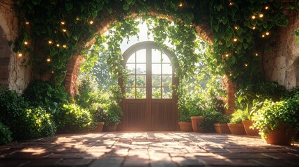 Obraz premium Sunlit archway entrance, lush greenery, warm light