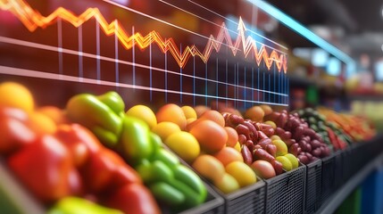 Fresh produce display with superimposed economic indicators.