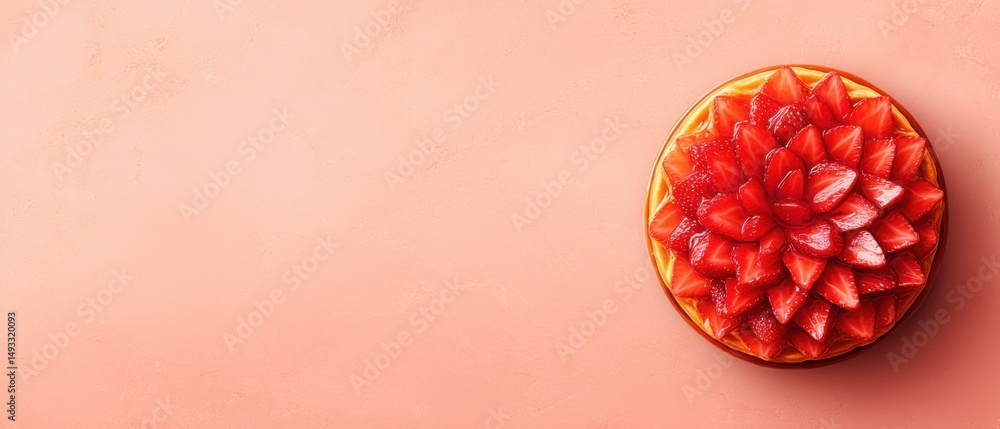 Poster overhead view of delicious strawberry tart on coral pink background with ample copy space for text a