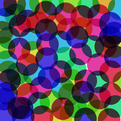 Geometric, multicolored, translucent circles overlap in a vibrant composition, exuding a sense of playful chaos and artistic expression.
