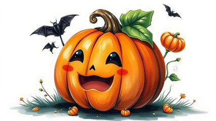 Fröhlich grinsender Halloween-Kürbis im Kawaii-Stil mit Fledermaus und großen grünen Blättern auf hellem Hintergrund.
