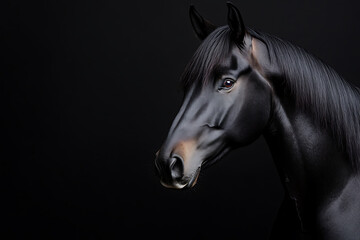Fototapeta premium Elegance in Darkness: A striking portrait of a sleek, black horse, showcasing its refined features and glossy coat against a deep, contrasting backdrop.