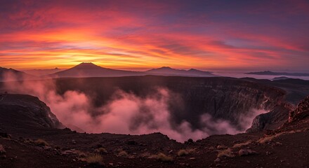 Volcano Crater With Fog and Red Sky