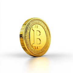3D rendered golden Bitcoin coin standing upright on a white background, representing digital currency, blockchain, and financial technology.