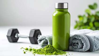 抹茶プロテインとダンベル