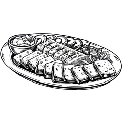 Grilled pork belly platter with sides and dipping sauce  