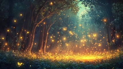 Enchanted forest with glowing fireflies and magical light