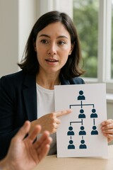 Corporation structure negotiation concept. Woman presenting a flowchart during a business meeting.