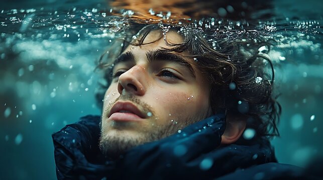 Serene Aquatic Meditation: Captivating close-up of a person enveloped in the cool embrace of water, the image exudes a sense of inner peace and introspective reflection.