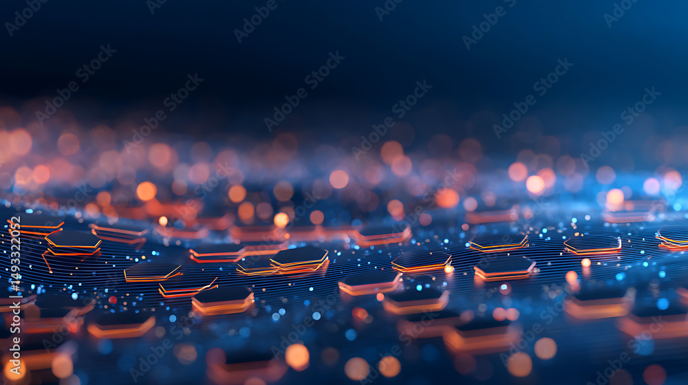 Poster abstract hexagonal pattern over a digital wave landscape on a dark blue background, concept of techn