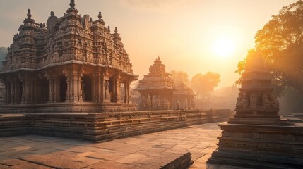 Fototapeta premium Ancient stone structures at sunrise. Sunrise over historical temple complex. Stonework architecture