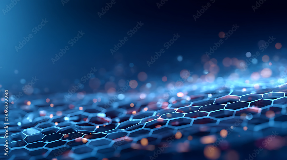 Poster abstract hexagonal pattern over a digital wave landscape on a dark blue background, concept of techn